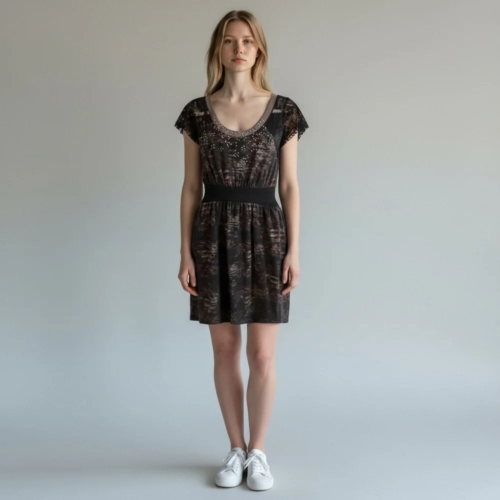 Free People Elegant Black and Gray Lace Mini Dress